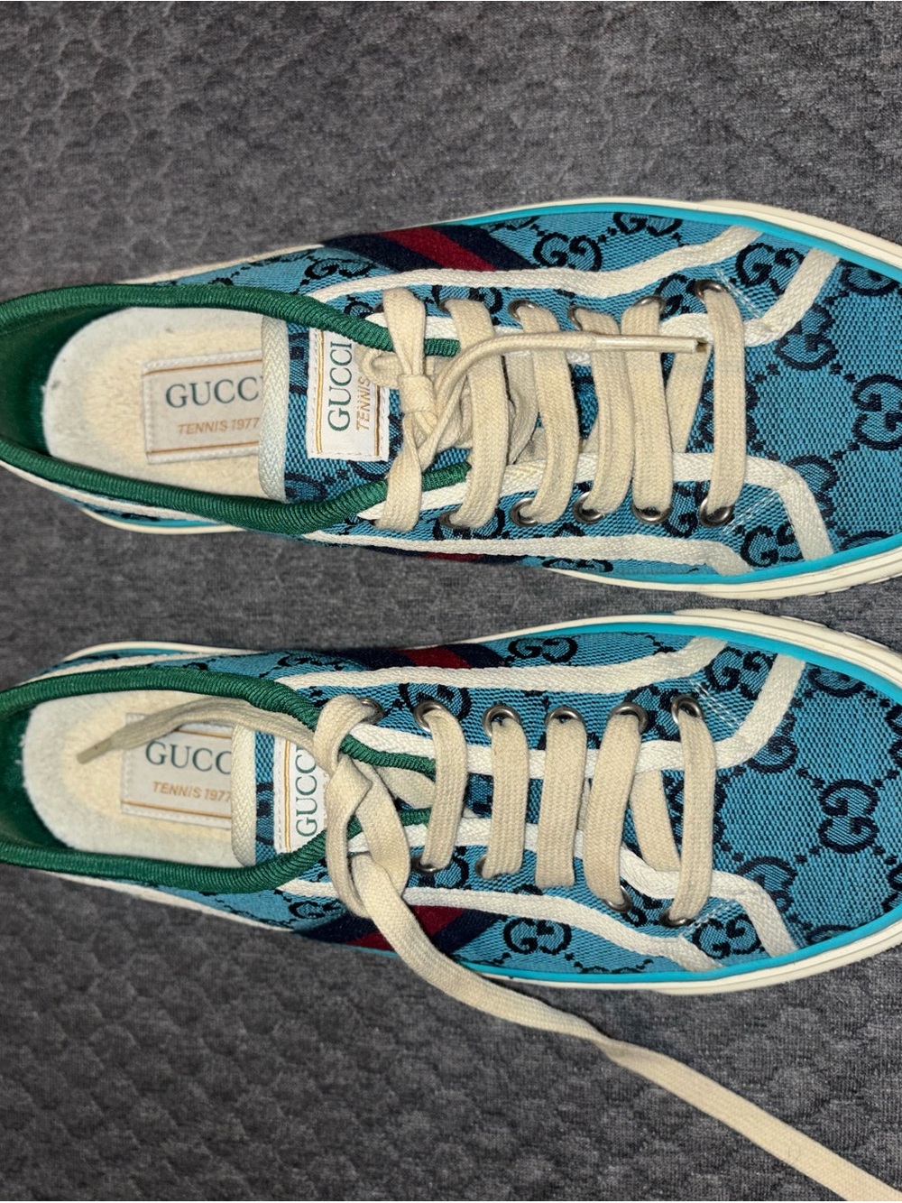 Gucci Turquoise GG Canvas Sneakers with Green Trim and Red Stripe